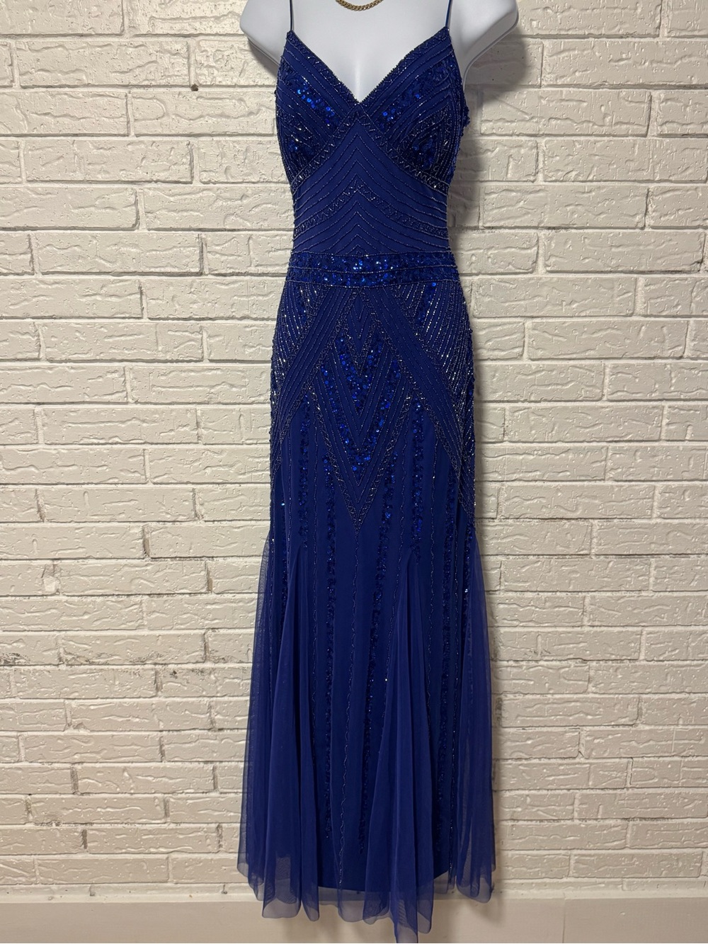 Royal Blue Beaded Spaghetti Strap Prom Dress